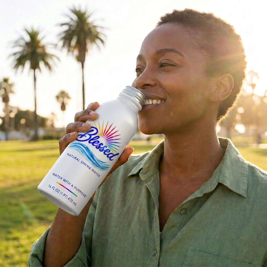 A Black woman enjoying Blessed Spring Water on a sunny California beach