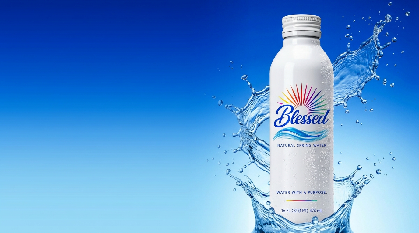 White Blessed Natural Spring Water aluminum bottle with chilled droplets rising out of a splash of blue water