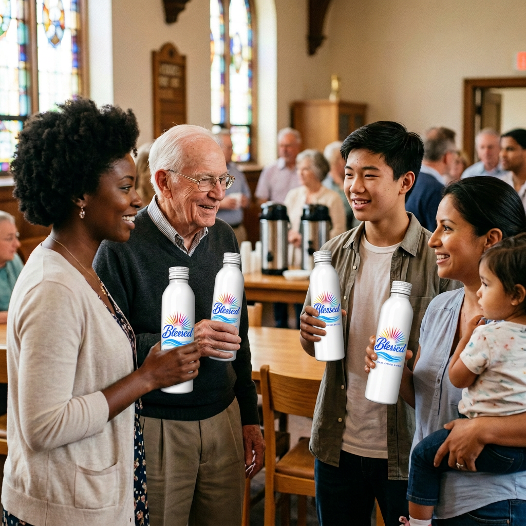 Diverse church community members with Blessed white aluminum bottles
