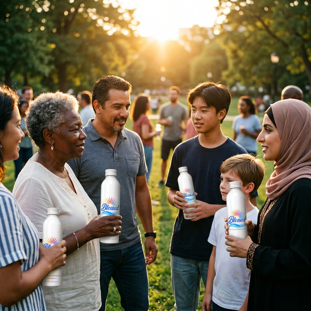 Diverse community members at a gathering with Blessed white aluminum bottles