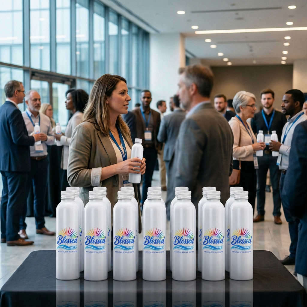 Diverse conference attendees with Blessed white aluminum bottles