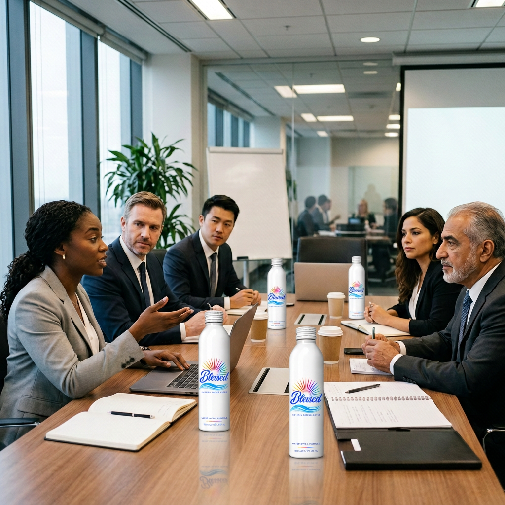 Diverse professionals at a corporate meeting with Blessed white aluminum bottles