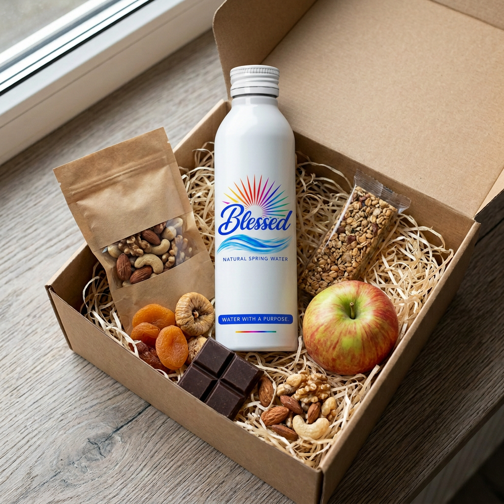 Blessed white aluminum bottle in a gift box with healthy snacks