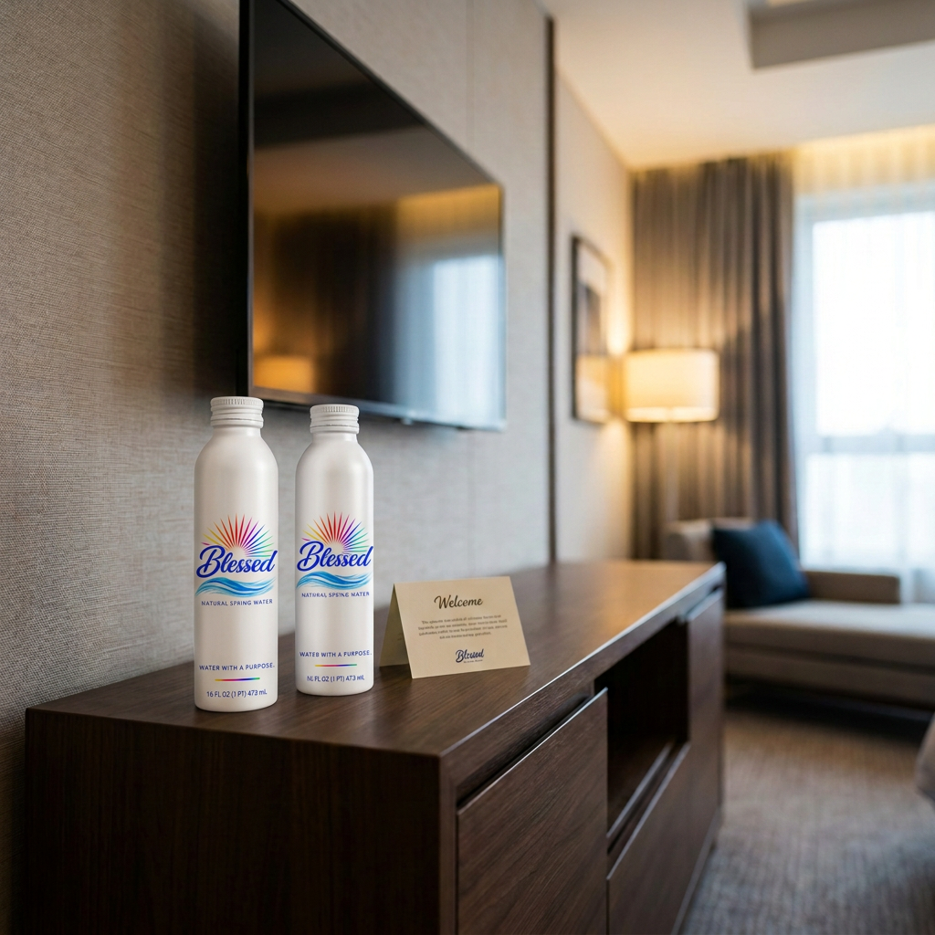 Two Blessed white aluminum bottles as welcome water in a hotel room