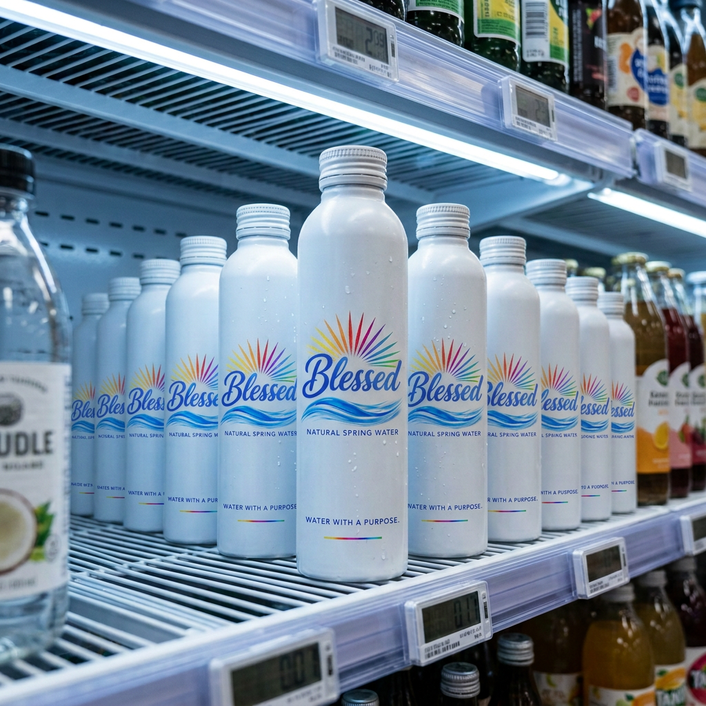 Blessed white aluminum bottles arranged in a refrigerated store section