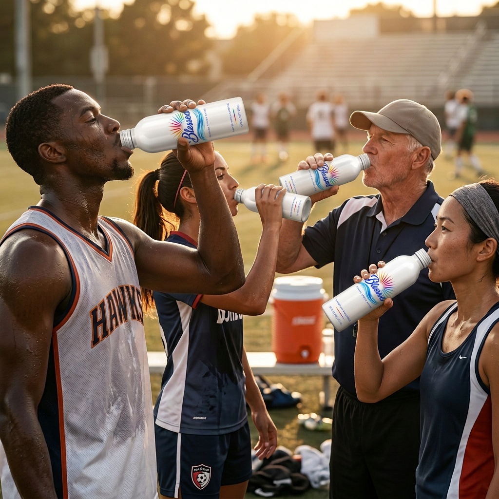 Athletes at a sports event drinking Blessed white aluminum bottles on the sidelines
