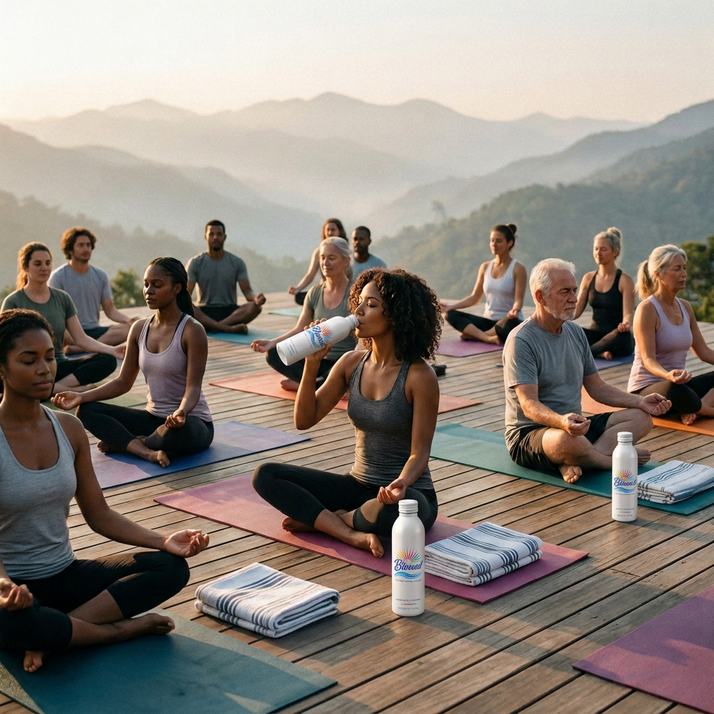 Diverse group relaxing at a wellness retreat with Blessed white aluminum bottles