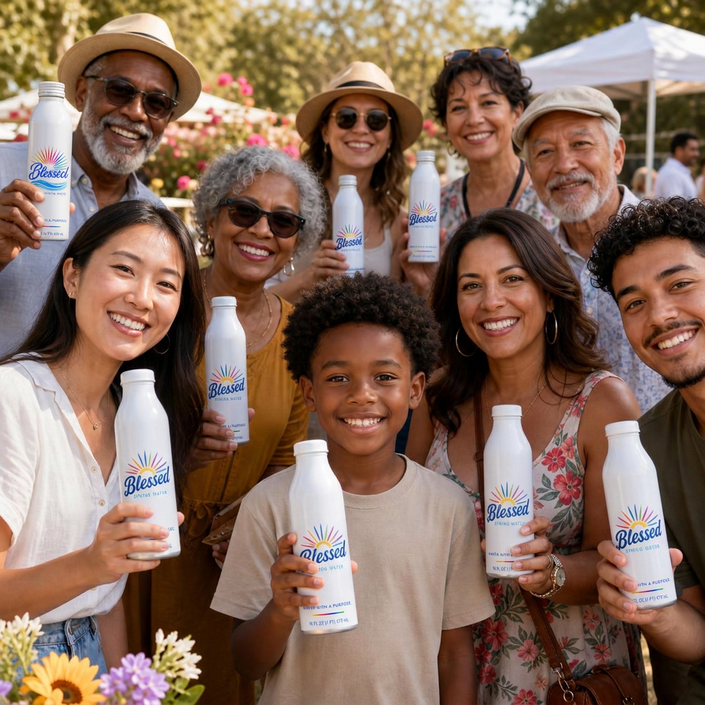 A multi-generational, diverse group of friends and family smiling and sharing Blessed H2O together